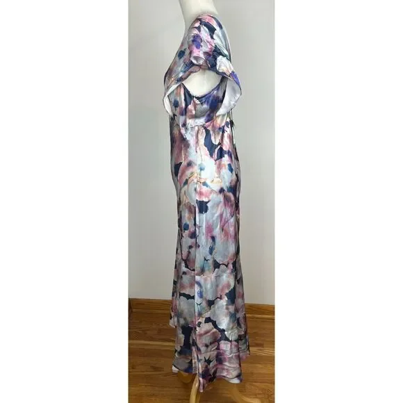 NWT Rails Dina Midnight Verbena Floral Maxi V-Neck Satin Dress S Flutter Sleeve - Picture 4 of 9